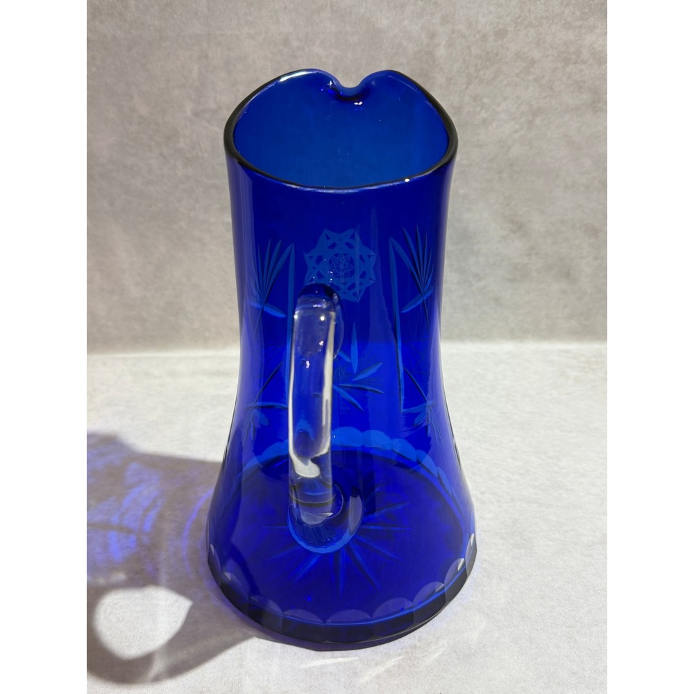 Vintage Bohemian Czech Cobalt Blue Cut to Clear Glass Pitcher and 4 Tumbler Set - Picture 5 of 16